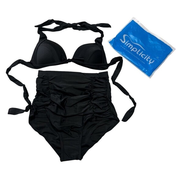 Simplicity 2 Piece Swimsuit Womens Medium Topic Halter Pinup Black - Picture 1 of 8